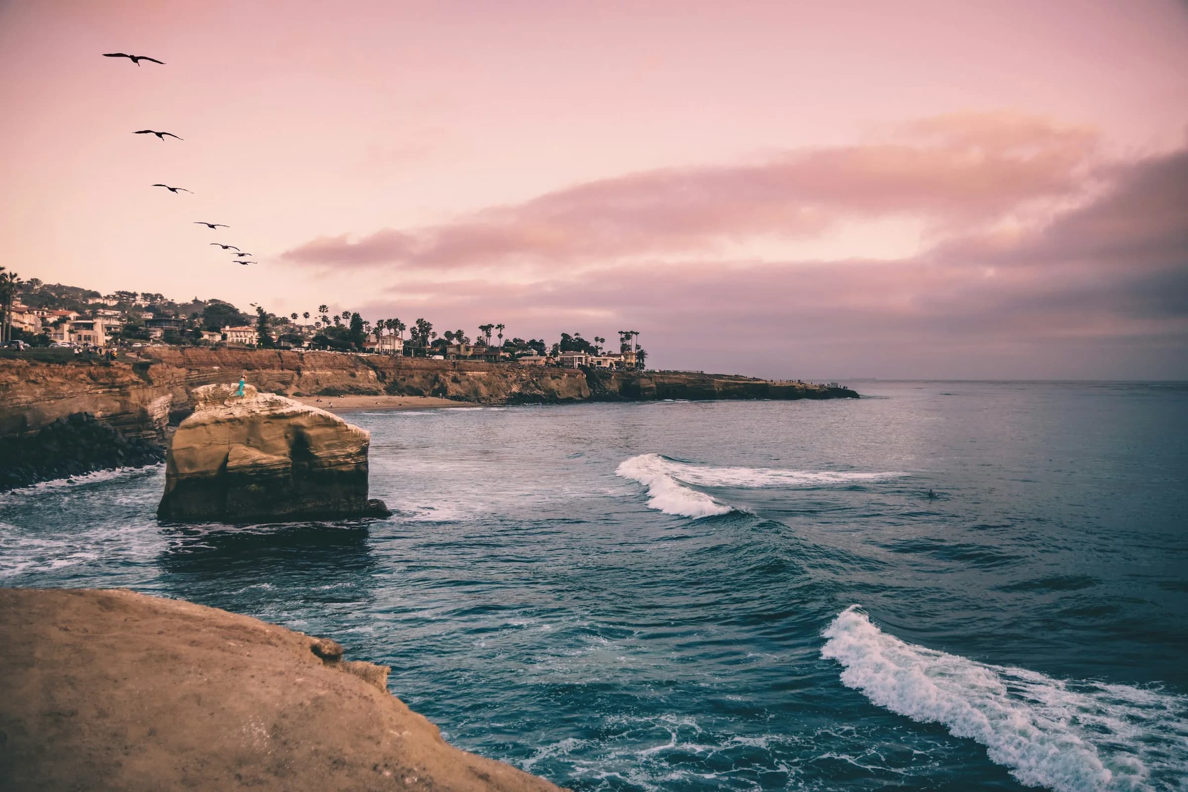 Pacific Ocean coastline at golden hour, San Diego