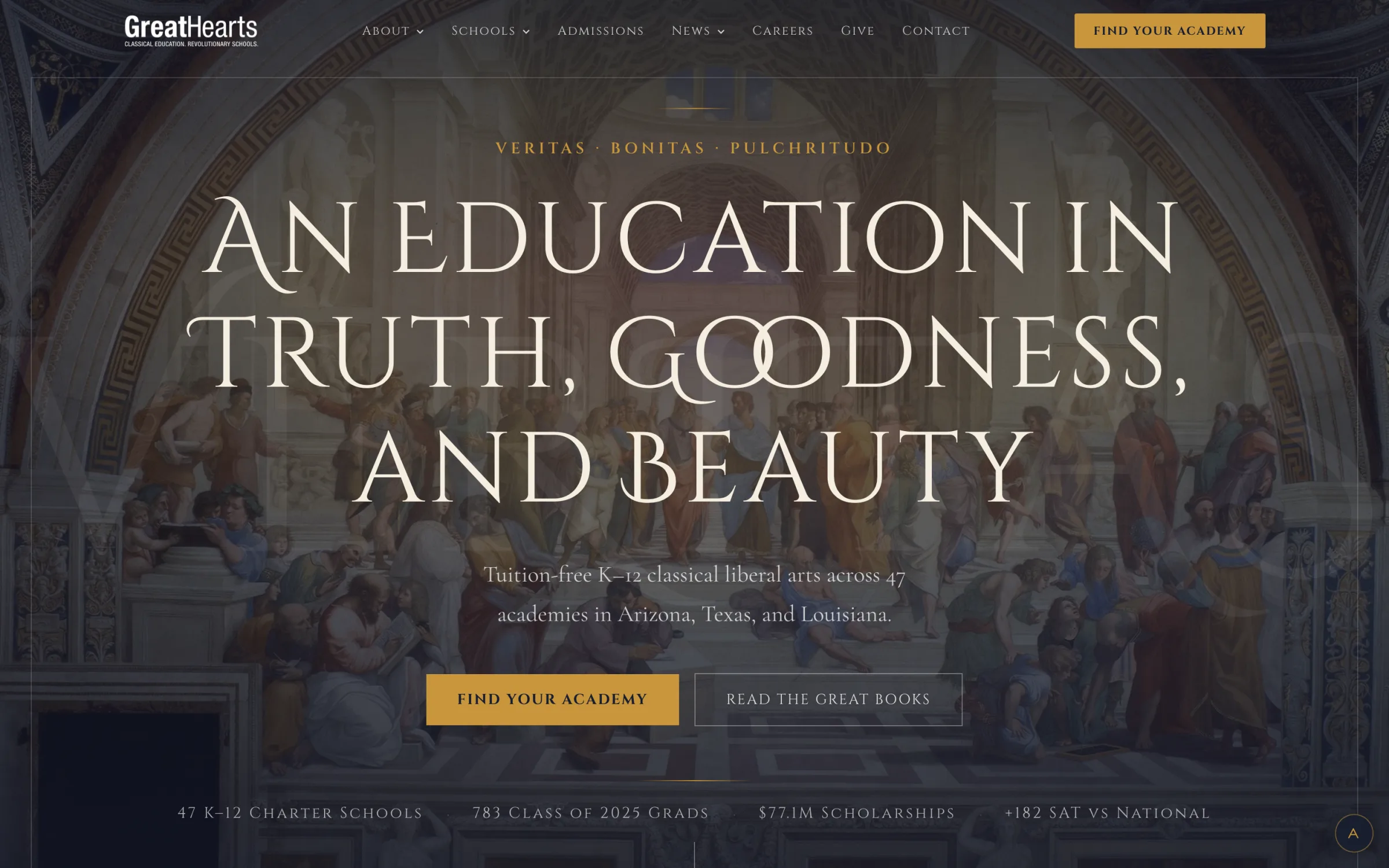 Greathearts Classical Academy website homepage with editorial typography