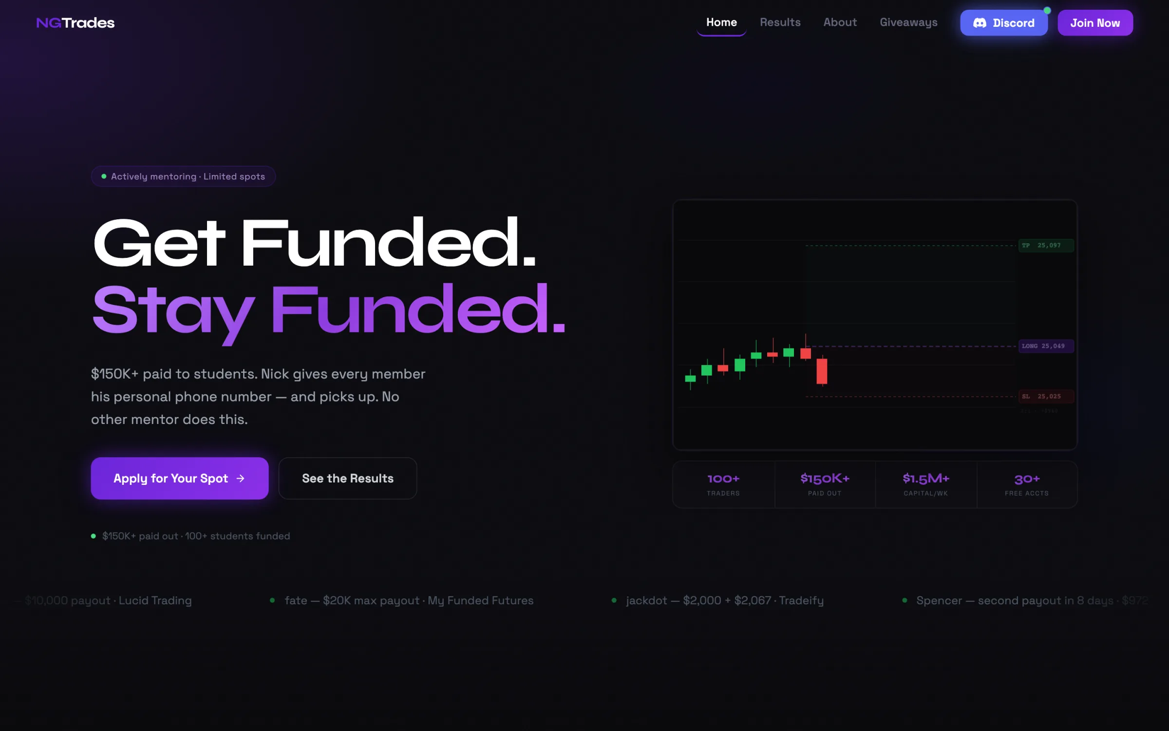 NGTrades website homepage showing trading signal product tiers