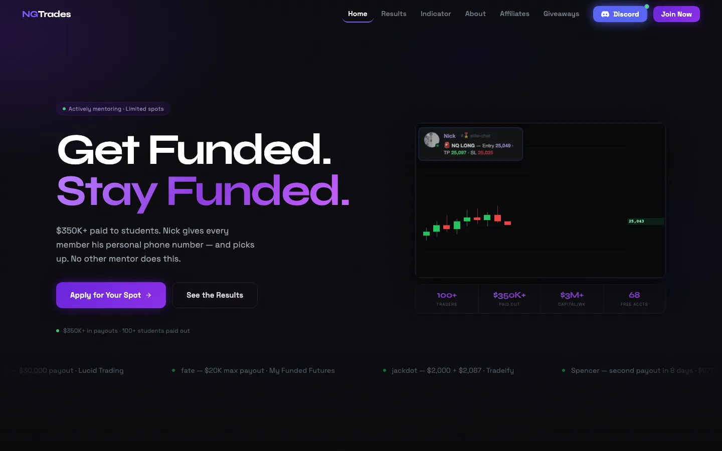 NGTrades website homepage showing trading signal product tiers