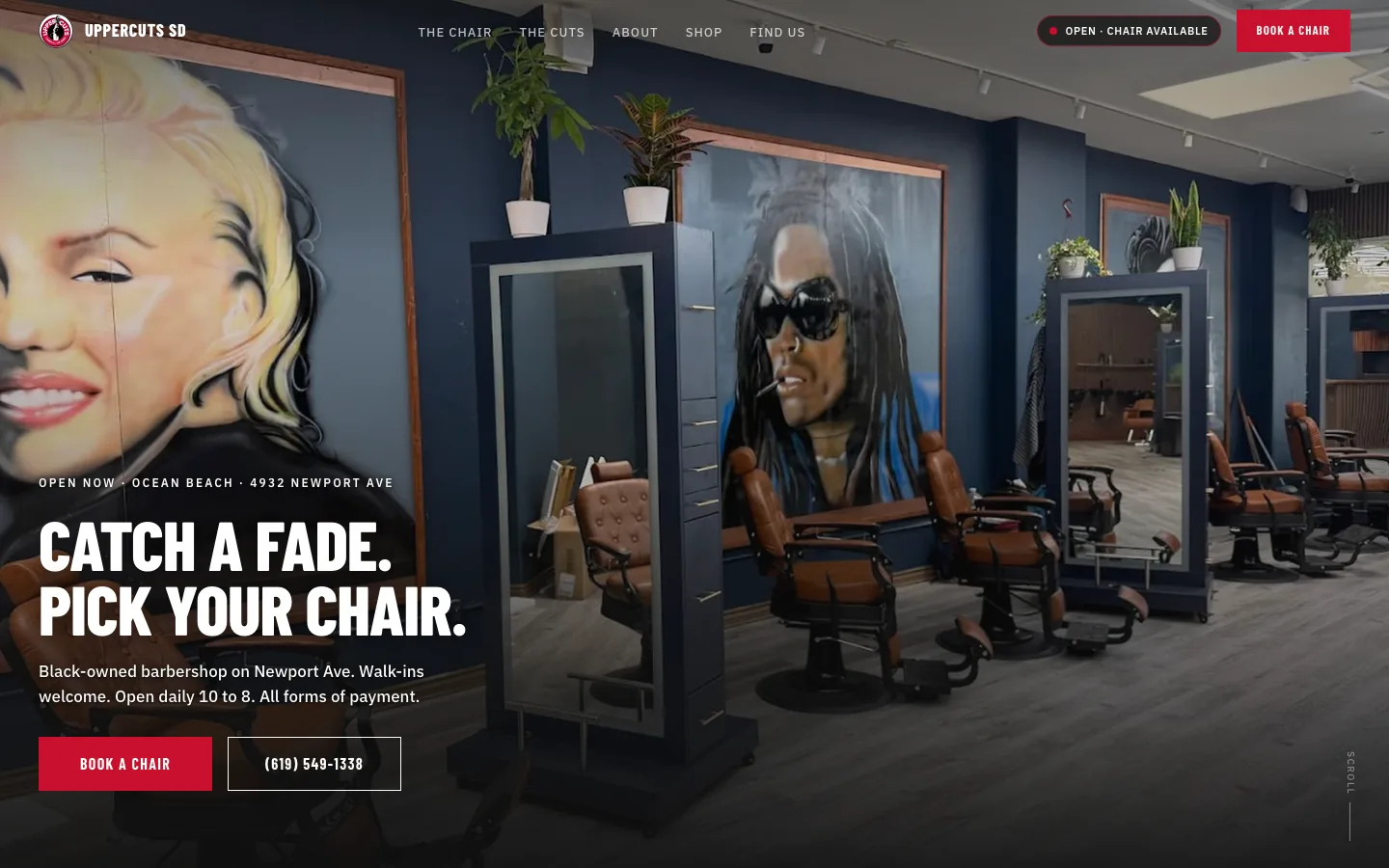 Uppercuts SD barber shop website homepage with gritty-local design